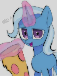 Size: 1536x2048 | Tagged: safe, artist:omelettepony, derpibooru import, trixie, pony, unicorn, female, food, gray background, horn, image, jpeg, looking at you, magic, mare, open mouth, pizza, simple background, solo, telekinesis, text