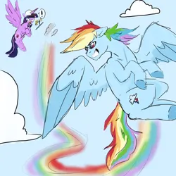 Size: 1024x1024 | Tagged: safe, artist:captainloafnugget, derpibooru import, rainbow dash, twilight sparkle, twilight sparkle (alicorn), alicorn, pegasus, clipboard, cloud, contrail, exclamation point, flying, hat, image, jpeg, pencil, rainbow contrail, shocked, shocked expression, stopwatch