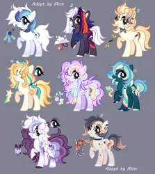 Size: 3336x3738 | Tagged: safe, artist:mint-light, derpibooru import, oc, unofficial characters only, earth pony, pegasus, unicorn, adoptable, clothes, cutie mark, ear piercing, earring, earth pony oc, eye clipping through hair, female, horn, image, jewelry, looking at you, multicolored coat, multicolored hair, multicolored mane, pegasus oc, piercing, png, scarf, signature, smiling, unicorn oc, wings