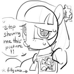 Size: 2058x2048 | Tagged: safe, artist:omelettepony, derpibooru import, coco pommel, earth pony, pony, dialogue, embarrassed, female, filly, filly coco pommel, foal, image, mare, monochrome, mouth hold, picture, png, solo