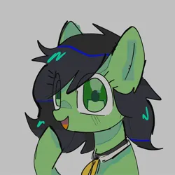 Size: 2048x2048 | Tagged: safe, artist:omelettepony, derpibooru import, oc, oc:anonfilly, unofficial characters only, earth pony, pony, eye clipping through hair, female, filly, foal, gray background, image, jpeg, looking at you, necktie, open mouth, raised hoof, simple background, solo