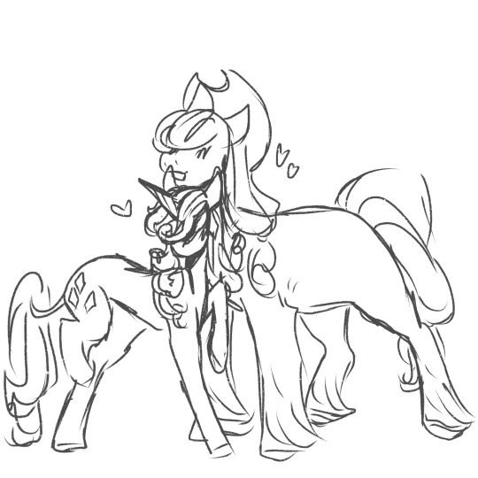 Size: 540x540 | Tagged: safe, artist:rareapples, derpibooru import, applejack, rarity, earth pony, pony, unicorn, 2d, digital art, female, hat, height difference, horn, image, jpeg, lesbian, mare, monochrome, nuzzling, rarijack, shipping, short, sketch, smiling, tall