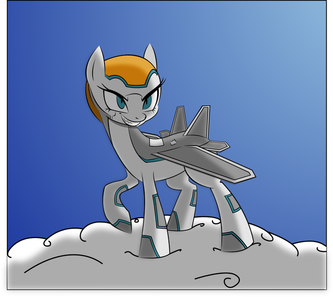 Size: 2063x1841 | Tagged: artist needed, safe, derpibooru import, oc, unnamed oc, unofficial characters only, original species, plane pony, pony, blue eyes, cloud, determined look, eyelashes, f-22 raptor, female, gradient background, grin, image, jet, jet fighter, jet plane, looking at something, mare, on a cloud, plane, png, simple background, smiling, solo