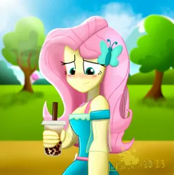 Size: 2033x2048 | Tagged: safe, artist:lordshrekzilla20, derpibooru import, fluttershy, equestria girls, blushing, breasts, bubble tea, butterfly hairpin, clothes, dress, drinking straw, geode of fauna, hairpin, holiday, image, jpeg, magical geodes, offscreen character, outdoors, pov, solo, tree, valentine's day