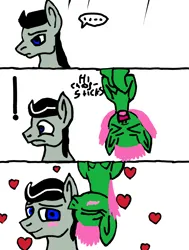 Size: 720x952 | Tagged: safe, derpibooru import, oc, oc:chopsticks, unofficial characters only, pegasus, pony, ..., base used, comic, dialogue, duo, exclamation point, female, heart, image, kissing, male, mare, oc x oc, png, shipping, stallion, surprise kiss, upside down
