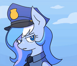 Size: 1280x1096 | Tagged: safe, artist:nova rain, derpibooru import, oc, oc:falling skies, unofficial characters only, pegasus, pony, animated, baton, clothes, commission, eye clipping through hair, eyebrows, eyebrows visible through hair, female, freckles, gif, image, judging you, looking over sunglasses, mare, police hat, police officer, police uniform, raised eyebrow, simple background, solo, sunglasses, threatening, tonfa, uniform