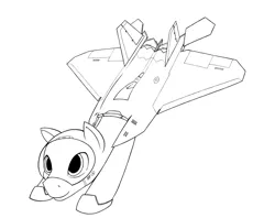 Size: 2085x1654 | Tagged: artist needed, safe, derpibooru import, oc, unnamed oc, unofficial characters only, original species, pony, f-22 raptor, flying, hoof shoes, image, jet, jet fighter, jet plane, looking up, male, monochrome, outlines only, png, simple background, smiling, solo, stallion, visor, white background