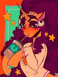 Size: 540x720 | Tagged: safe, artist:rareapples, derpibooru import, pony, unicorn, 2d, clothes, colored, cup, digital art, drink, female, happy, headband, holding, image, jpeg, long hair, looking at you, mare, shirt, smiling, smiling at you, solo, straw