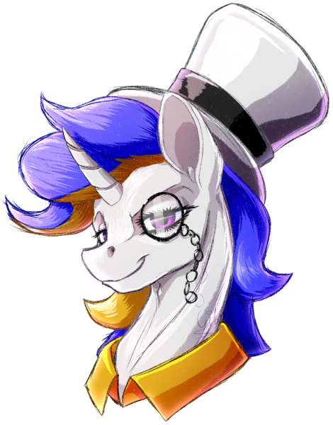 Size: 1024x1306 | Tagged: safe, artist:thatonegib, derpibooru import, oc, unofficial characters only, unicorn, bust, eyebrows, hat, image, looking at you, monocle, png, portrait, raised eyebrow, smiling, solo