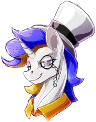 Size: 1024x1306 | Tagged: safe, artist:thatonegib, derpibooru import, oc, unofficial characters only, unicorn, bust, eyebrows, hat, image, looking at you, monocle, png, portrait, raised eyebrow, smiling, solo