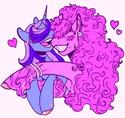 Size: 540x508 | Tagged: safe, artist:rareapples, derpibooru import, minuette, pinkie pie, earth pony, pony, unicorn, 2d, colored, digital art, female, happy, hugging a pony, image, jpeg, lesbian, long hair, looking at each other, looking at someone, mare, minupie, shipping, smiling, smiling at each other