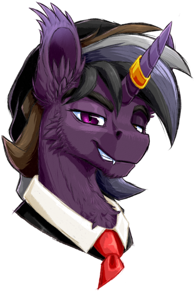 Size: 791x1186 | Tagged: safe, artist:thatonegib, derpibooru import, oc, oc:delta riel-delano, unofficial characters only, beanie, bust, grin, hat, heterochromia, horn, horn ring, image, jewelry, looking at you, multicolored hair, necktie, png, portrait, ring, smiling, solo