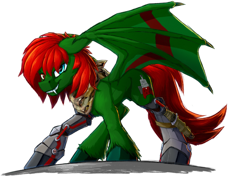 Size: 1629x1259 | Tagged: safe, artist:thatonegib, derpibooru import, oc, unofficial characters only, bat pony, amputee, bat pony oc, bat wings, fangs, heterochromia, image, knife, png, prosthetic eye, prosthetic limb, prosthetics, solo, spread wings, wings