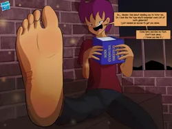 Size: 2160x1620 | Tagged: suggestive, artist:vanillasoft, derpibooru import, scootaloo, human, equestria girls, barefoot, clothes, denim, feet, fetish, foot fetish, humanized, image, jeans, night, pants, png, soles, teasing, toes