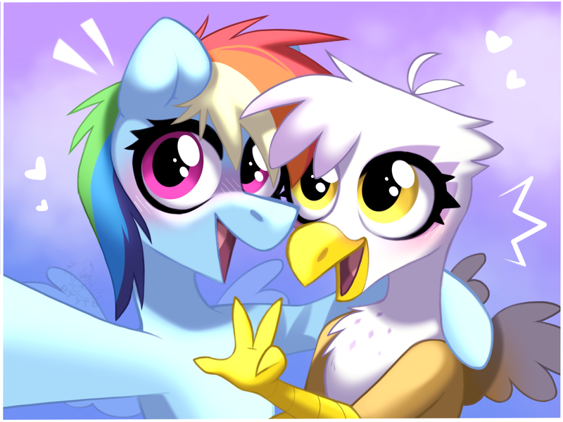 Size: 2160x1620 | Tagged: safe, artist:rtootb, derpibooru import, gilda, rainbow dash, gryphon, pegasus, pony, friendship is magic, baby, baby griffon, baby pony, beak, best friends, big eyes, blue background, blue fur, blushing, cloud, colt, cute, cute pony, cute smile, digital art, duo, duo female, eyes open, feather, feathered wings, female, foal, frame, friends, g4, gildadorable, glare, gradient background, halfbody, happy, happy baby, image, looking at something, looking up, male, mare, multicolored hair, open mouth, open smile, peace sign, photo, pink eyes, png, purple background, rainbow hair, raised hoof, selfie, simple background, smiling, spread wings, stylized, victory sign, white fur, wings, yellow eyes