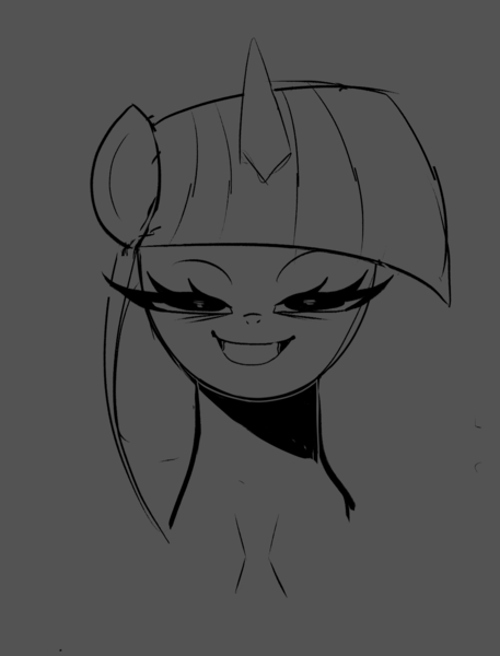 Size: 1127x1480 | Tagged: safe, artist:ponconcarnal, derpibooru import, twilight sparkle, pony, unicorn, bust, image, monochrome, png, sketch, smiling, solo