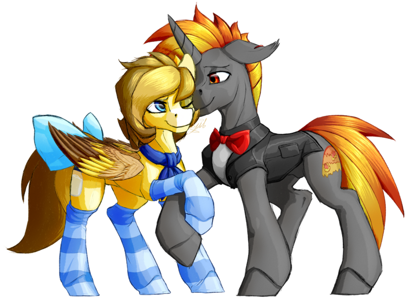 Size: 1024x755 | Tagged: safe, artist:thatonegib, derpibooru import, oc, unofficial characters only, pegasus, unicorn, bowtie, clothes, ear piercing, earring, folded wings, holding hooves, image, jacket, jewelry, looking at each other, looking at someone, multicolored hair, neckerchief, piercing, png, smiling, socks, wings