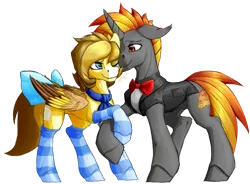 Size: 1024x755 | Tagged: safe, artist:thatonegib, derpibooru import, oc, unofficial characters only, pegasus, unicorn, bowtie, clothes, ear piercing, earring, folded wings, holding hooves, image, jacket, jewelry, looking at each other, looking at someone, multicolored hair, neckerchief, piercing, png, smiling, socks, wings