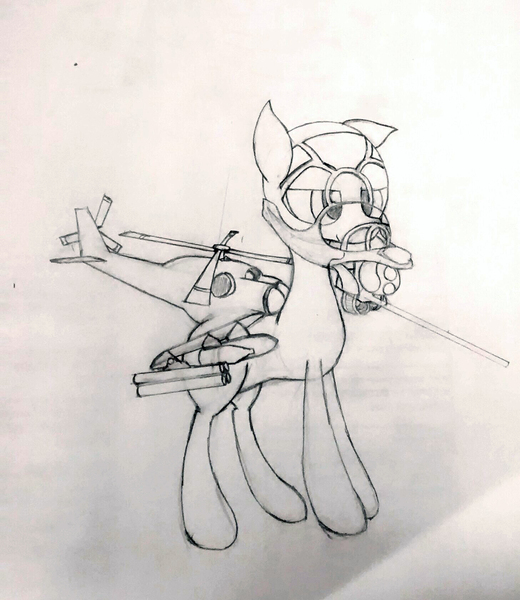 Size: 1456x1679 | Tagged: artist needed, safe, derpibooru import, oc, unnamed oc, unofficial characters only, original species, plane pony, pony, autocannon, bomb, cannon, cute, determined look, helicopter, helicopter pony, helipony, helmet, image, jpeg, mi-24, mi-24 super hind, missile, pencil drawing, plane, propeller, rocket launcher, simple background, standing, super hind, traditional art, weapon, white background