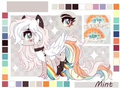 Size: 2364x1736 | Tagged: safe, artist:mint-light, artist:shineyaris, derpibooru import, oc, unofficial characters only, pegasus, adoptable, base used, checkered background, female, food, image, looking at you, multicolored coat, multicolored hair, multicolored mane, palette, pegasus oc, png, signature, waffle, wings