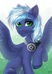 Size: 1920x2742 | Tagged: safe, artist:hakaina, derpibooru import, oc, oc:moonlight drop, pegasus, pony, abstract background, ears up, green, green eyes, headphones, image, looking at you, male, png, raised hoof, smiling, smiling at you, solo, spread wings, stallion, wings