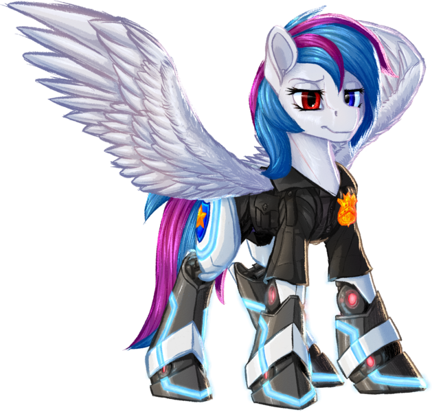 Size: 1607x1532 | Tagged: safe, artist:thatonegib, derpibooru import, oc, unofficial characters only, amputee, clothes, heterochromia, image, jacket, multicolored hair, png, police officer, police uniform, prosthetic leg, prosthetic limb, prosthetics, solo, spread wings, wings