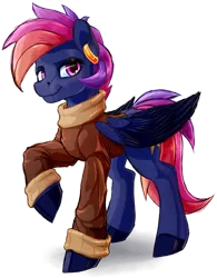 Size: 1024x1311 | Tagged: safe, artist:thatonegib, derpibooru import, oc, unofficial characters only, pegasus, clothes, ear piercing, earring, folded wings, image, jacket, jewelry, looking at you, piercing, png, raised hoof, smiling, solo, wings