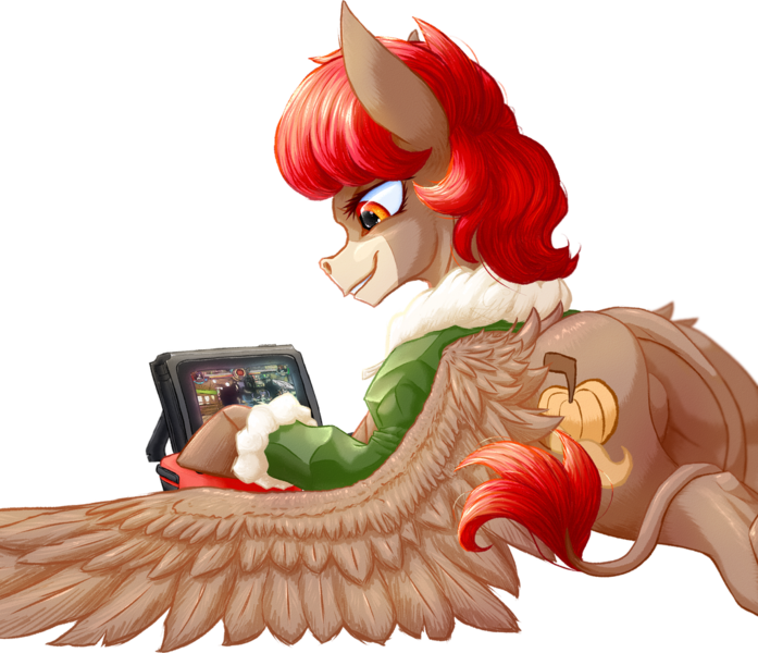 Size: 1024x882 | Tagged: safe, artist:thatonegib, derpibooru import, oc, unofficial characters only, donkey, clothes, donkey oc, grin, image, jacket, lying down, nintendo switch, playing video games, png, skullgirls, smiling, solo, wings