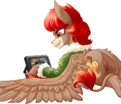Size: 1024x882 | Tagged: safe, artist:thatonegib, derpibooru import, oc, unofficial characters only, donkey, clothes, donkey oc, grin, image, jacket, lying down, nintendo switch, playing video games, png, skullgirls, smiling, solo, wings
