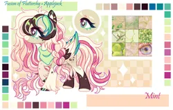 Size: 3662x2322 | Tagged: safe, artist:mint-light, derpibooru import, oc, unofficial characters only, adoptable, checkered background, eyeball, female, flower, human eye, image, implied applejack, implied fluttershy, looking at you, moss, multicolored coat, multicolored hair, multicolored mane, offspring, offspring shipping, palette, parent:applejack, parent:fluttershy, png, signature