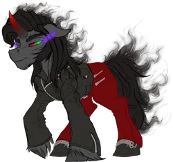 Size: 1592x1494 | Tagged: safe, artist:thatonegib, derpibooru import, king sombra, umbrum, clothes, frown, image, jacket, leather, leather jacket, pants, png, shoes, solo, unshorn fetlocks, walking