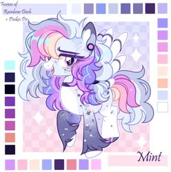Size: 2268x2284 | Tagged: safe, artist:mint-light, derpibooru import, oc, unofficial characters only, pegasus, adoptable, checkered background, ear piercing, earring, female, fusion, fusion:pinkie pie, fusion:rainbow dash, image, jewelry, looking at you, multicolored coat, multicolored hair, multicolored mane, open mouth, open smile, palette, pegasus oc, piercing, png, raised hoof, signature, smiling, wings