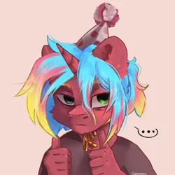 Size: 2048x2048 | Tagged: safe, artist:colorbrush, derpibooru import, oc, unofficial characters only, anthro, unicorn, ..., hat, image, jpeg, party hat, simple background, solo, thumbs up