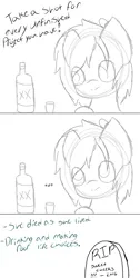 Size: 502x1000 | Tagged: safe, artist:starstrucksocks, derpibooru import, oc, oc:sweet cheeks, unofficial characters only, alcohol, black and white, comic, gravestone, grayscale, image, monochrome, png, simple background, text, white background