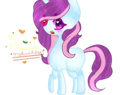 Size: 1024x768 | Tagged: safe, artist:magicangelstarartist, derpibooru import, oc, unofficial characters only, pony, unicorn, birthday gift art, female, gift art, heterochromia, image, jpeg, mare, simple background, solo, text