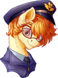 Size: 945x1267 | Tagged: safe, artist:thatonegib, derpibooru import, oc, unofficial characters only, bust, clothes, glasses, hat, image, jacket, looking at you, necktie, png, portrait, shirt, smiling, solo, uniform