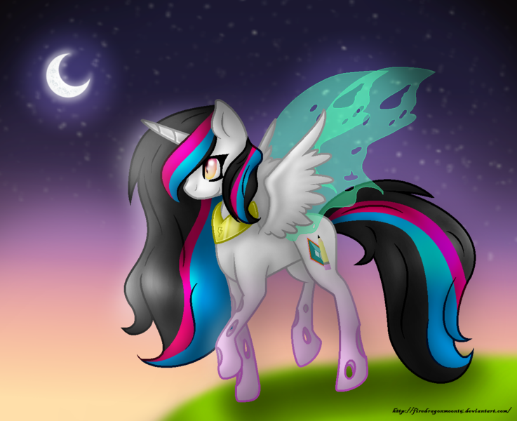 Size: 1272x1036 | Tagged: safe, derpibooru import, oc, pony, black mane, black tail, blue mane, blue tail, blurry background, cutie mark, gradient eyes, hybrid wings, image, insect wings, jewelry, moon, multicolored mane, multicolored tail, necklace, night, pink mane, pink tail, png, smiling, spread wings, tail, transparent wings, trotting, white wings, wings