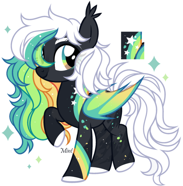 Size: 1968x2002 | Tagged: safe, artist:mint-light, derpibooru import, oc, unofficial characters only, adoptable, ambiguous gender, black coat, constellation freckles, freckles, hair over one eye, image, looking at you, multicolored mane, palette, png, signature, simple background, solo, transparent background