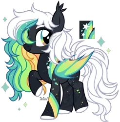 Size: 1968x2002 | Tagged: safe, artist:mint-light, derpibooru import, oc, unofficial characters only, adoptable, ambiguous gender, black coat, constellation freckles, freckles, hair over one eye, image, looking at you, multicolored mane, palette, png, signature, simple background, solo, transparent background