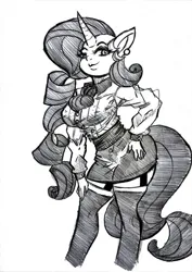Size: 724x1024 | Tagged: suggestive, artist:ghostinhood, derpibooru import, rarity, anthro, unicorn, ascot, big breasts, big horn, black and white, breasts, busty rarity, button-up shirt, clothes, dress shirt, ear piercing, ears, erect nipples, eyebrows, eyelashes, female, garters, grayscale, hand on hip, hand on leg, hand on thigh, hips, horn, image, jpeg, leaning, leaning forward, lineart, lips, looking at you, monochrome, nipple outline, nostrils, piercing, pose, shirt, skirt, socks, solo, stockings, tail, thigh highs, thighs, unicorn horn, wavy hair, wavy tail, zettai ryouiki