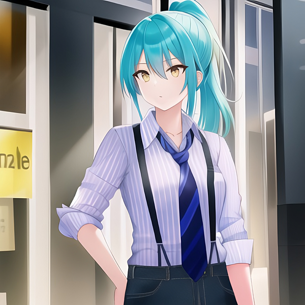 Size: 1024x1024 | Tagged: safe, derpibooru import, editor:jesterofdestiny, machine learning generated, lyra heartstrings, human, anime style, anythingv5, button-up shirt, clothes, denim, humanized, image, jeans, necktie, pants, png, ponytail, rolled up sleeves, shirt, solo, suspenders, tomboy