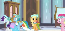 Size: 2160x1050 | Tagged: safe, derpibooru import, screencap, applejack, fluttershy, pinkie pie, rainbow dash, rarity, earth pony, pegasus, pony, unicorn, a canterlot wedding, alternate hairstyle, bedroom, bridesmaid, bridesmaid dress, canterlot castle, clothes, door, dress, eyes closed, floral head wreath, flower, flower in hair, gown, happy, image, jpeg, mirror, missing accessory, royal wedding, smiling, wardrobe