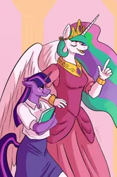 Size: 1562x2359 | Tagged: safe, artist:dixietexas, derpibooru import, princess celestia, twilight sparkle, alicorn, anthro, unicorn, big horn, blushing, book, button-up shirt, canterlot castle, clothes, crown, crush, dress, ethereal mane, eyebrows, eyelashes, eyes closed, feathered wings, female, hand on hip, horn, image, infatuation, jewelry, jpeg, lesbian, listening, multicolored hair, multicolored tail, nostrils, regalia, shirt, short sleeves, skirt, tail, talking, teacher and student, tiara, unicorn horn, unicorn twilight, wavy mouth, wings