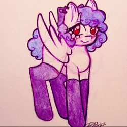 Size: 720x720 | Tagged: safe, artist:violetmilk, derpibooru import, oc, pegasus, pony, bow, brushing, clothes, crayon drawing, ear piercing, earring, hair bow, image, jewelry, jpeg, leggings, long eyelashes, long socks, pegasus oc, piercing, pony oc, red eyes, signature, simple background, sketch, socks, spread wings, traditional art, white background, wings