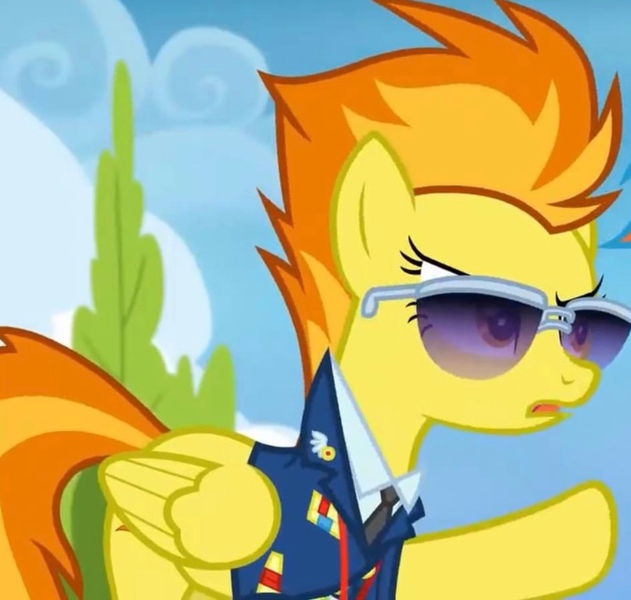 Size: 1648x1567 | Tagged: safe, derpibooru import, screencap, spitfire, pegasus, pony, top bolt, angry, annoyed, bush, clothes, cloud, cropped, drill sergeant, female, image, jpeg, mare, necktie, pointing, raised hoof, solo, solo female, suit, sunglasses, uniform, whistle, whistle necklace, wonderbolts dress uniform