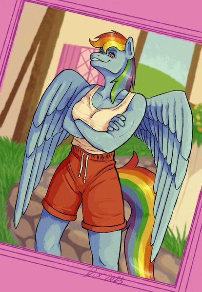 Size: 1595x2310 | Tagged: safe, artist:dixietexas, derpibooru import, rainbow dash, anthro, pegasus, arm under breasts, breasts, chin up, clothes, crossed arms, dutch angle, eyebrows, eyelashes, feathered wings, female, hips, image, jpeg, multicolored hair, outdoors, pegasus wings, ponyville, pose, rainbow hair, rainbow tail, shorts, sleeveless, smiling, solo, spread wings, tail, tanktop, thighs, wings