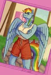 Size: 1595x2310 | Tagged: safe, artist:dixietexas, derpibooru import, rainbow dash, anthro, pegasus, arm under breasts, breasts, chin up, clothes, crossed arms, dutch angle, eyebrows, eyelashes, feathered wings, female, hips, image, jpeg, multicolored hair, outdoors, pegasus wings, ponyville, pose, rainbow hair, rainbow tail, shorts, sleeveless, smiling, solo, spread wings, tail, tanktop, thighs, wings