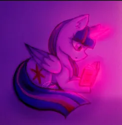 Size: 705x723 | Tagged: safe, artist:violetmilk, derpibooru import, twilight sparkle, twilight sparkle (alicorn), alicorn, book, glow, glowing horn, horn, image, jpeg, reading, traditional art