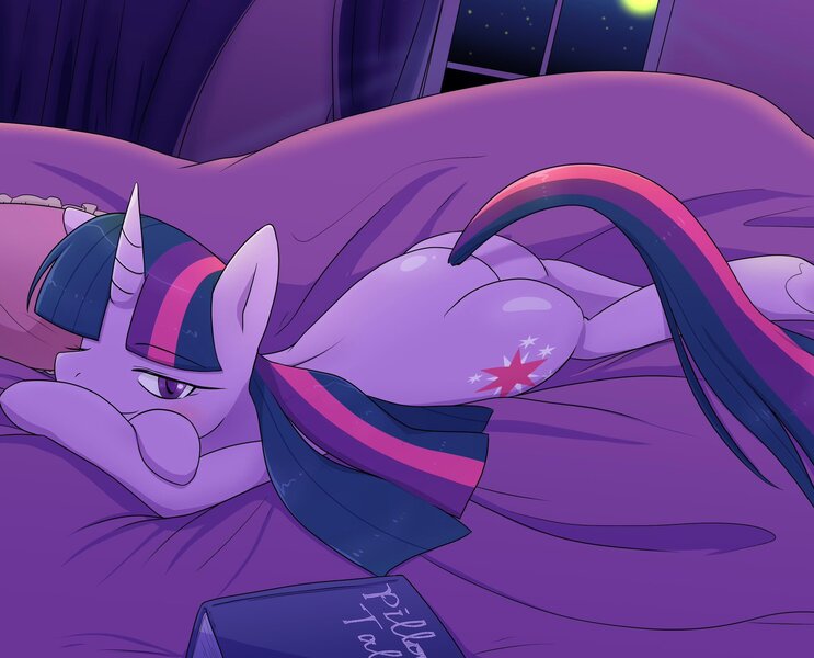 Size: 2048x1654 | Tagged: safe, artist:batipin, derpibooru import, twilight sparkle, pony, unicorn, bed, book, butt, female, image, jpeg, mare, moon, plot, solo, twibutt, unicorn twilight, window