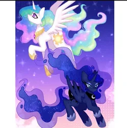 Size: 719x722 | Tagged: safe, artist:violetmilk, derpibooru import, princess celestia, princess luna, alicorn, crown, duo, duo female, female, image, jewelry, jpeg, regalia, royal sisters, siblings, sisters, stars